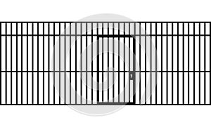 A front view of the bars of a jail cell with iron bars and a door on an isolated background