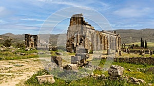 Front view of the Basilica and The Forum in the Archaeological Site of Volubilis, Morocco.