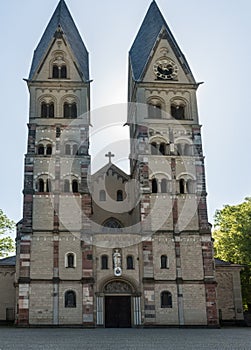 Front view of the Basilica of Saint Castor in Koblenz, Germany on a clear day in late spring