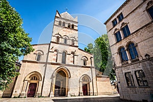 Front view of the Basilica of Saint-Martin dâ€™Ainay a Romanesque church in Ainay district Lyon France