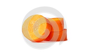 Front view of beautiful orange carrot slices in stack isolated on white background with clipping path