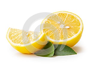 Front view of beautiful yellow lemon half with slice isolated on white background with clipping path