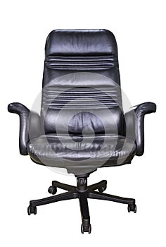 Front view of Black genuine leather office chair for executive officer, isolated on white background with clipping