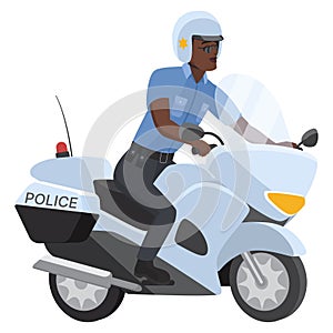 Front view of black policeman on motorbike