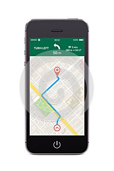 Front view of black smart phone with map gps navigation app on t