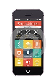 Front view of black smart phone with smart home application on t