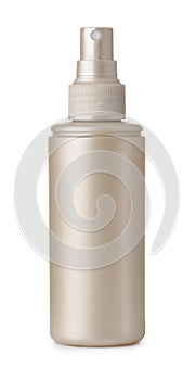 Front view of blank beige plastic spray bottle