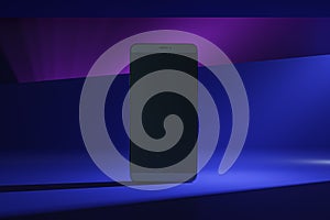 Front view on blank black modern smartphone screen with space for your logo or text on abstract graphic dark blue and purple