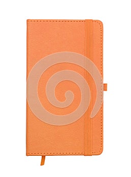 Front view of blank orange leather notebook