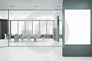 Front view of blank poster on corridor office wall and modern meeting room on a background, mock up. 3D Rendering