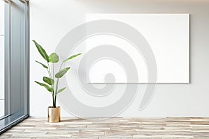 Front view of blank poster on light wall in a modern office corridor interior. 3D Rendering, mockup