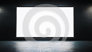 Front view of blank white glowing digital screen in dark hall interior with concrete floor and black wall. Presentation concept.
