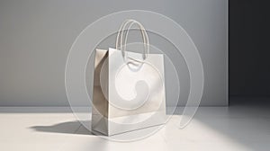 Front view on blank white paper shopping bag brand name on light concrete floor light wall mockup