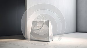 Front view on blank white paper shopping bag brand name on light concrete floor light wall mockup