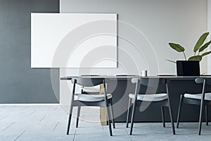 Front view on blank white poster with space for your logo or text on bicolor wall background in modern conference room interior