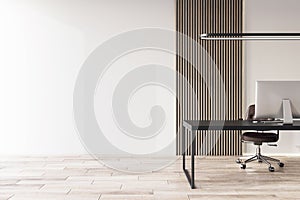 Front view on blank white wall with space for advertising poster in sunlit cabinet with work table, slatted decoration background