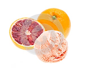 Front view of blood orange ice cream with blood oranges isolated on white background