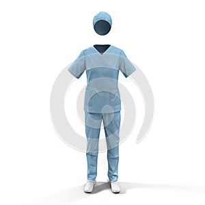 Front view blue female doctor uniform stained with blood isolated on white. No people. 3D illustration