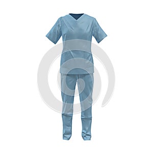 Front view blue female doctor uniform stained with blood isolated on white. No people. 3D illustration
