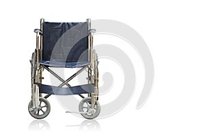 front view blue and grey wheel chair on white background, object, transport, banner, template, copy space