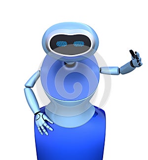 Front view of blue humanoid robot isolated on white background