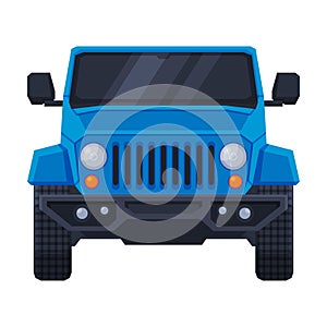 Front View of Blue Off Road Truck, SUV Pickup, Jeep Car Flat Vector Illustration