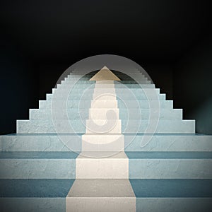 Front view on blue stairs with painted white arrow pointing up. Business progress concept background