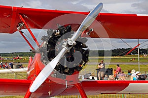 Front view of a Boeing Stearman biplane