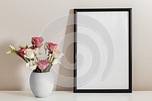 front view bouquet roses vase with empty frame. High quality beautiful photo concept