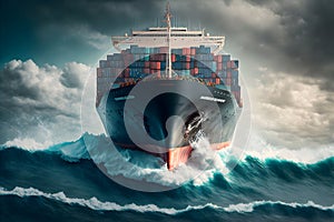 Front view from bow of a large blue shipping container ship in the ocean. Neural network generated art