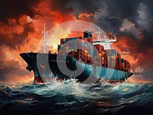 Front view from bow of a large shipping container ship in the ocean, sunset sky in the background, portrait art