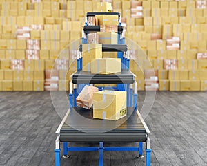 Front view on boxes move along the conveyor belts, big stack of boxes on a blurred background,