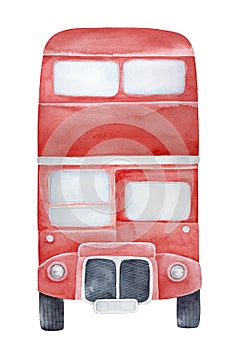 Front view of bright red double-decker bus with copy space.