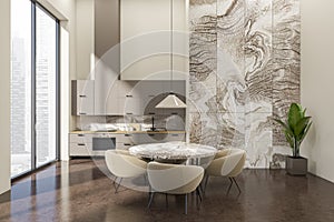 Front view on bright studio dining and kitchen room interior