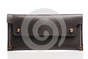 Front view of brown leather long wallet