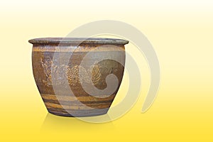 Front view brown and yellow big clay pot on gradient yellow background, decor, object, home, house, vintage, copy space