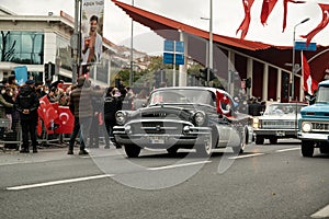 Front view of a Buick Roadmaster black car which produced in 1955. Classic car parade on the republic day of Turkey