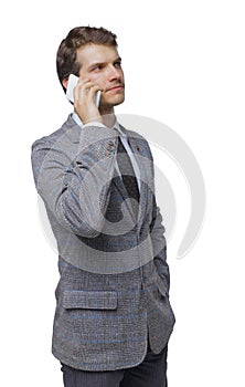 Front view of business man in suit  talking on mobile phone