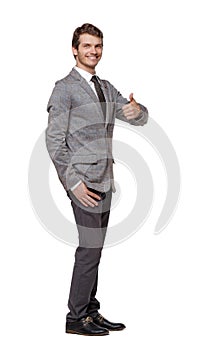 Front view of business man thumbs up