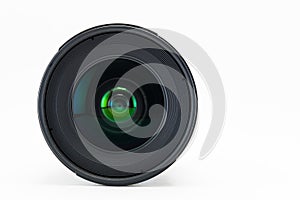 Front view of camera lens on white background