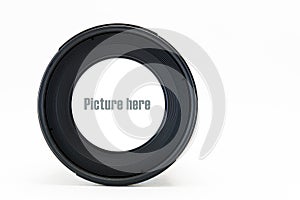 Front view of camera lens with white space on glass lens