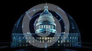 Front view, Capitol dome building at night, Washington DC, USA. Illuminated Home of Congress and Capitol Hill. Social