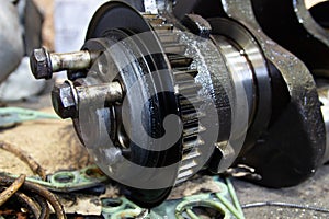 front view of a car crankshaft. fastening of the flywheel of the car