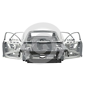 Front view Carcass af a sedan car on white. 3D illustration
