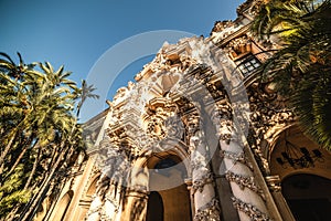 Front view of Casa del Prado under a clear sky in Balboa Park