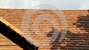 Front view of the the cedar wooden shingle roof of the house shake