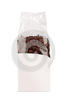 Front view of chocolate cornflakes breakfast cereals packaging