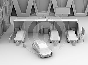 Front view of clay shading rendering of electric cars in car sharing only parking lot photo