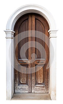 tall vintage brown wooden door with classic marble stone pattern archway isolated on white