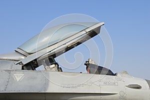 Front view cockpit of jet military plane